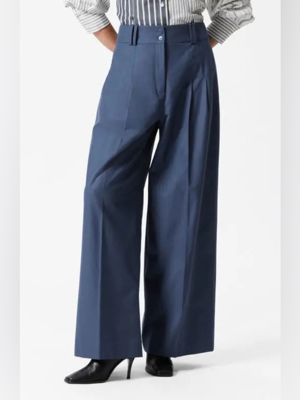 & Other Stories 8 Navy Wide-Leg High-Rise Cotton Wool Pants Preppy Clean Girl